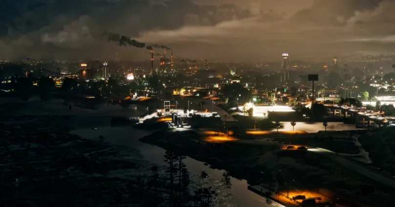 An aerial night view of the industrial city of Ambrosa, Florida.