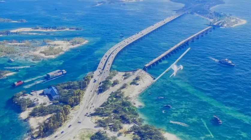 An aerial view of the Florida Keys inspired bridge in Grand Theft Auto VI.