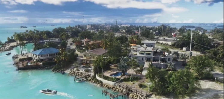 Aerial overview of the Leonida Keys coastline with residential homes, yachts, and a swimming pool.
