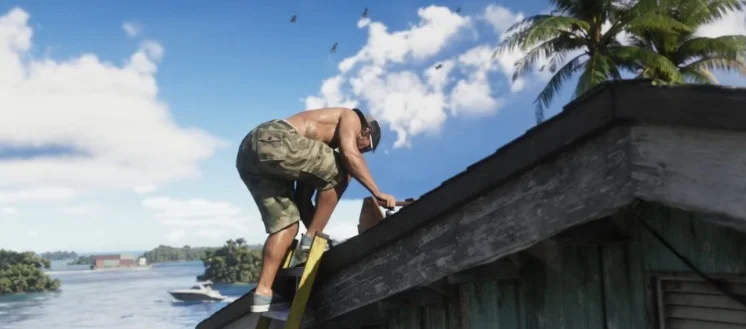 Jason standing on the roof of a weathered house with a toolbox while flocks of birds fly in the background.