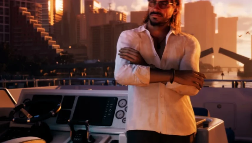 A medium shot of major character Raul Bautista, standing on the deck of a boat with a city skyline in the background.