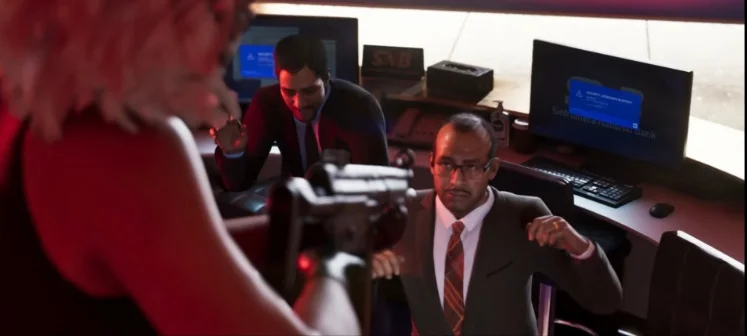 Bank interior with employees under duress, and a security warning visible on a computer screen.